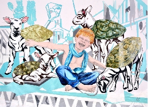 <b>Boy with lambs</b><br />acryl, pencil, oil on canvas, 135x95 cm, 2014-2015